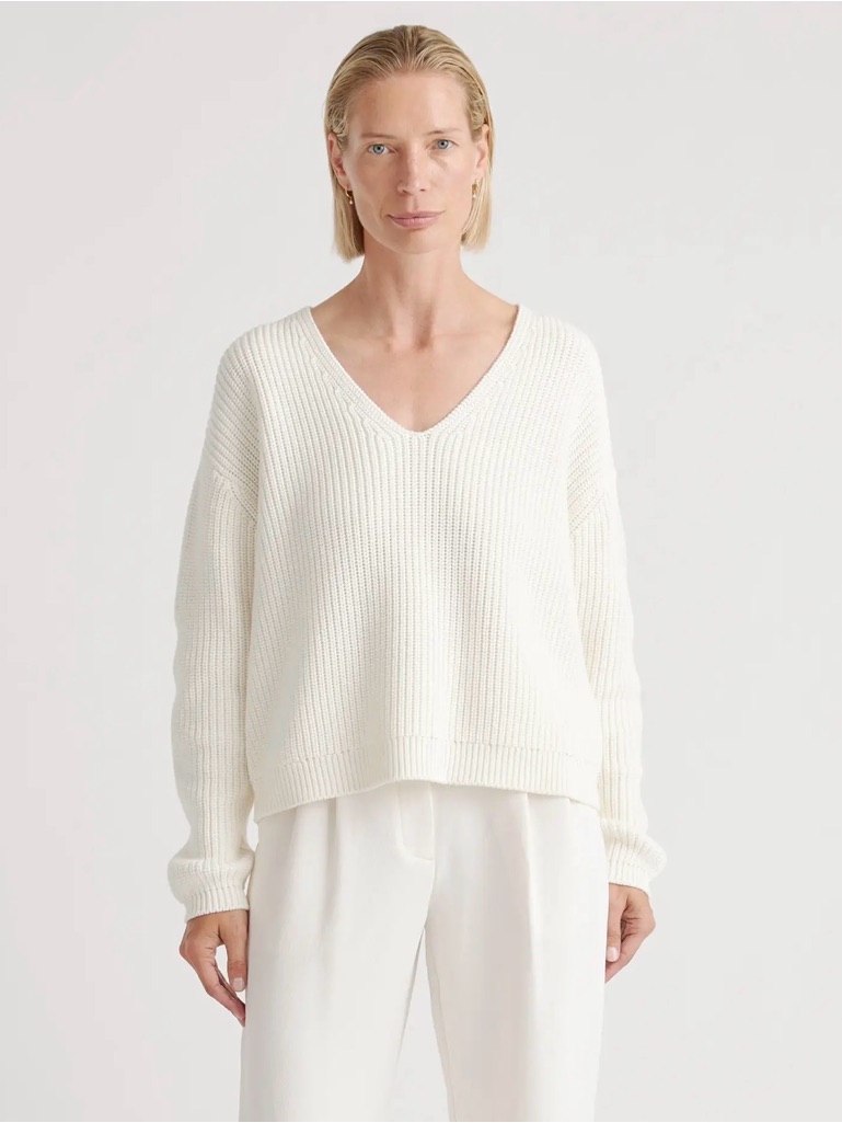 Quince 100% Organic Cotton Ivory Fishermen V-Neck Sweater Small